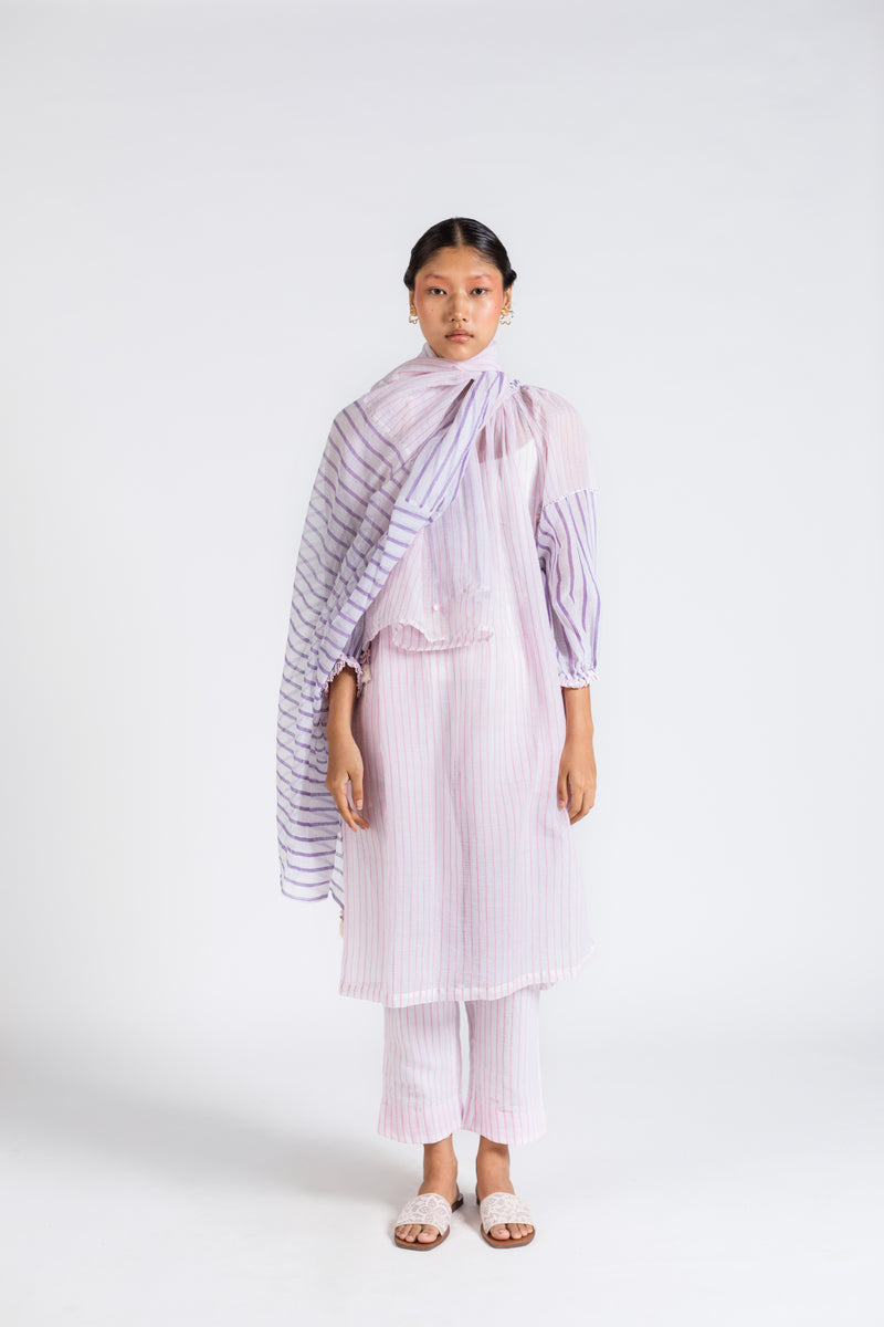 Neck Gathered Stripe Mix Co-ord with Scarf (Set of 3)