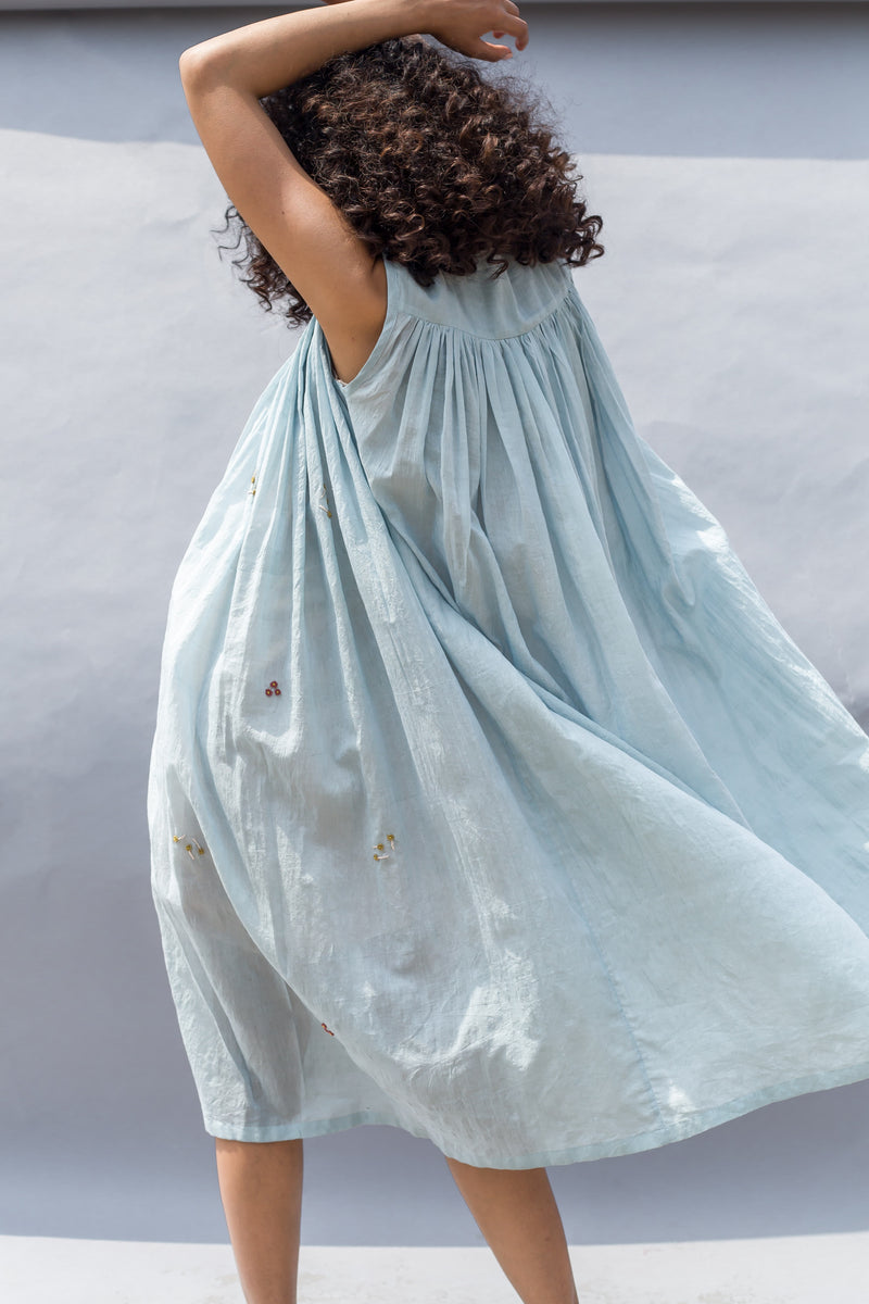 Powder Blue Handwoven Cotton Silk Embroidered Dress