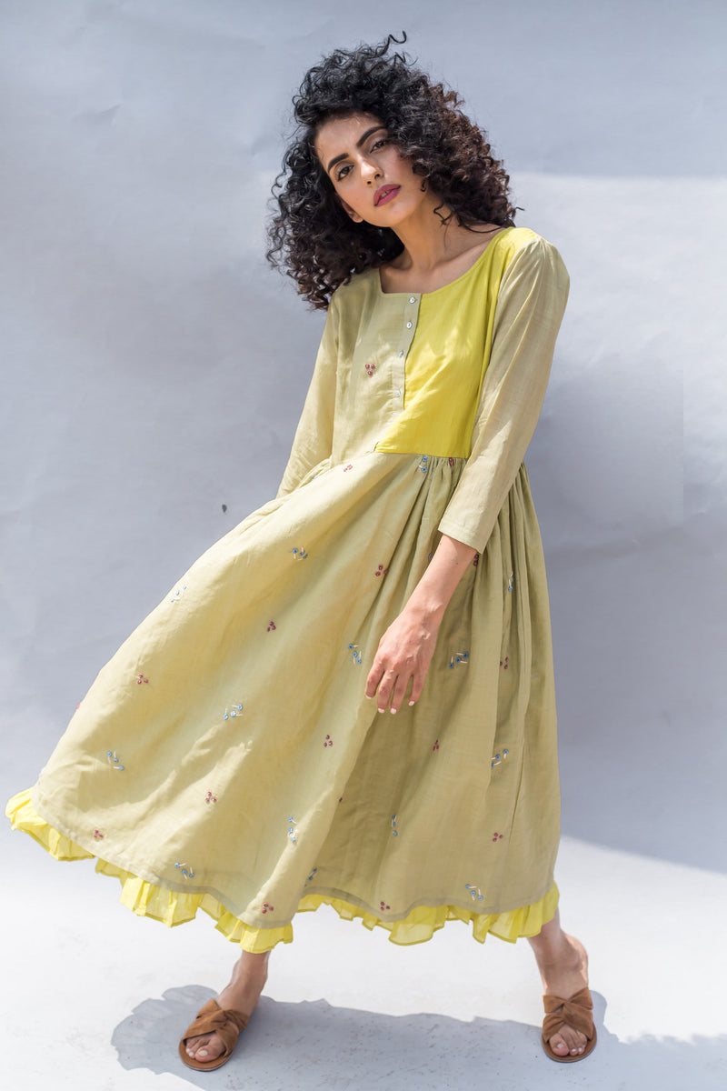 Olive Green Ditsy Floral Embroidered Maxi Handwoven Cotton Silk Dress