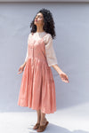 Embroidered Peach Gathered Strappy Handwoven Cotton Silk Dress