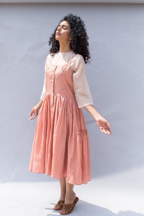 Embroidered Peach Gathered Strappy Handwoven Cotton Silk Dress