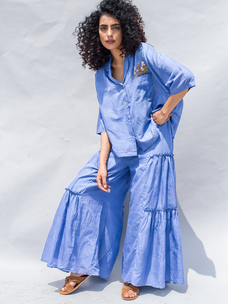 Blue Handwoven Cotton Silk Embroidered Crop Shirt