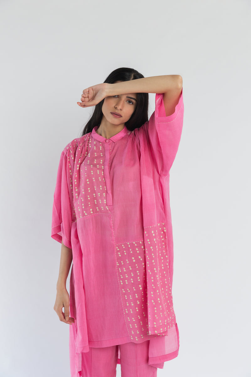 Shoulder Gathered Pink Handwoven Cotton Silk Tunic