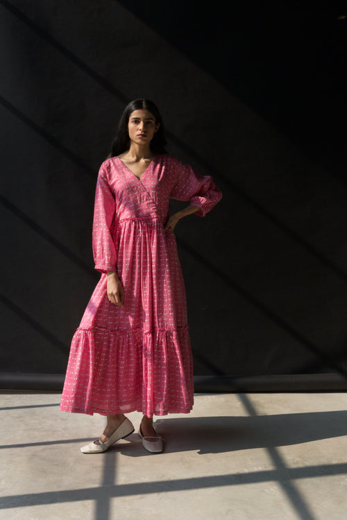 Tiered Pink Polka Handwoven Cotton Silk Dress