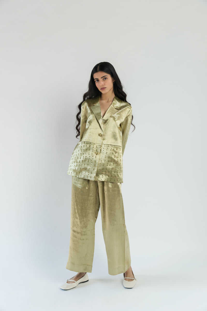 Lime Short Tailored Handwoven Cotton Silk Jacket Co-ord (Set of 2)