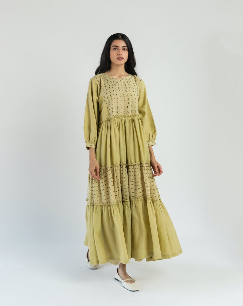 Lime Dot Tiered Handwoven cotton silk Dress