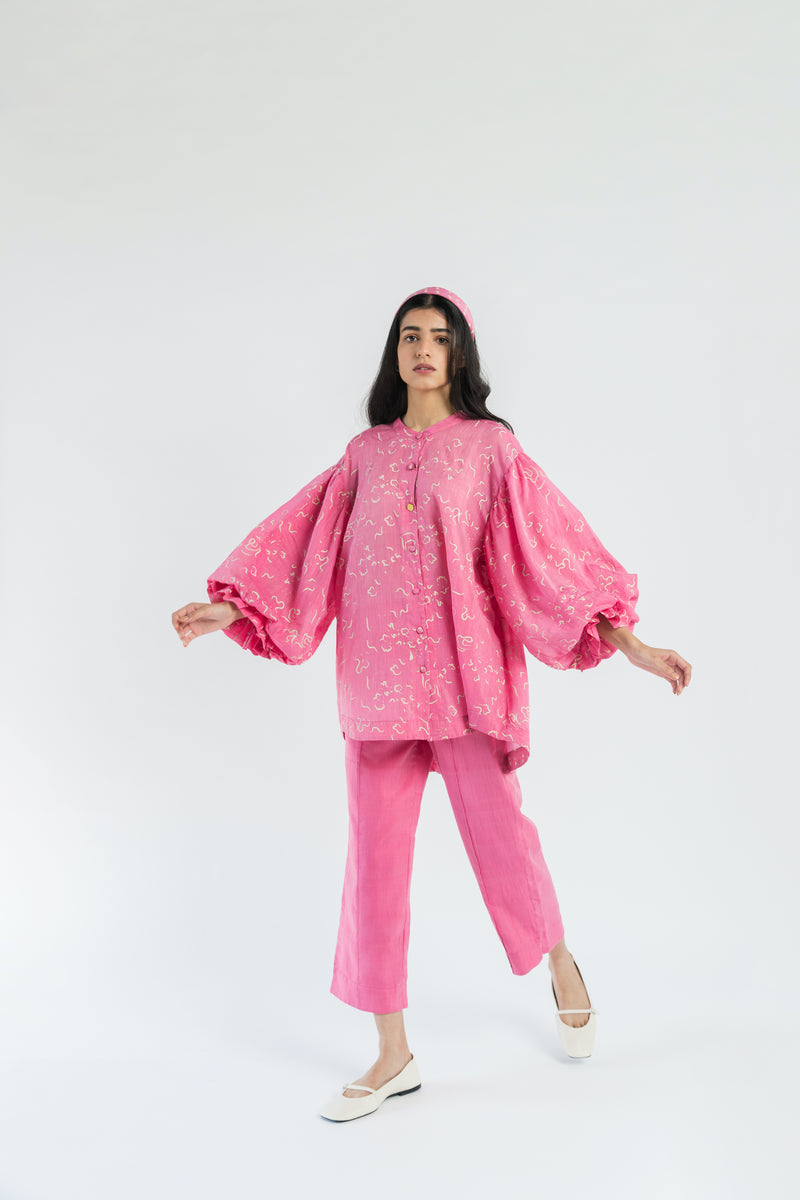 Pink Floral Print handwoven cotton silk Shirt