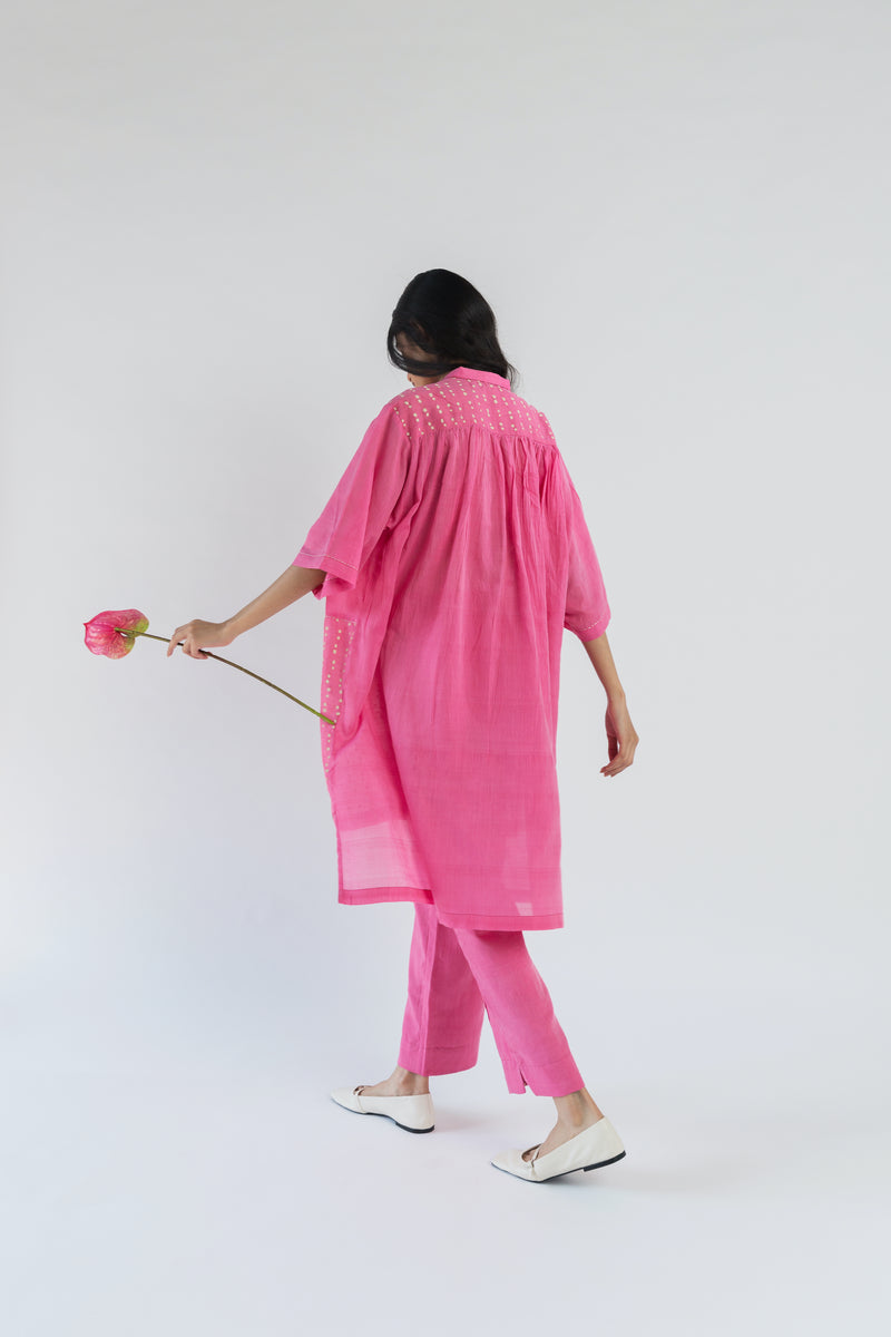 Gathered Polka Pink Handwoven Cotton Silk Tunic Set (Set of 2)